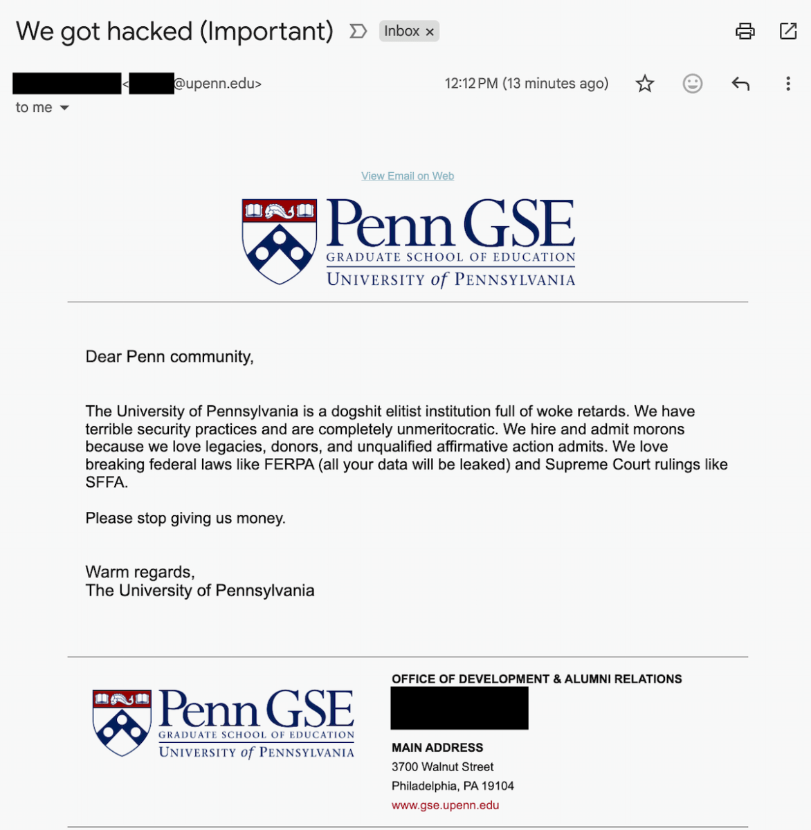 University of Pennsylvania confirms hacker stole data during cyberattack